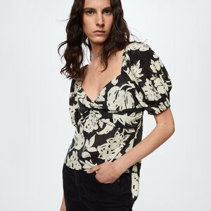 Mango Floral Black and White Women's Top